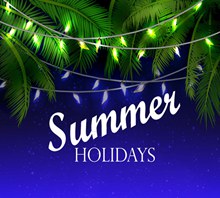 夏日假期彩灯串装饰的棕榈树图矢量下载