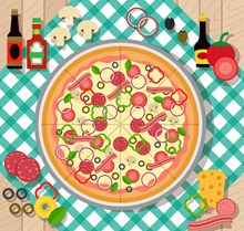 美味披萨和原料俯视图矢量图
