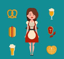 美丽啤酒节女郎和6款食物图矢量图