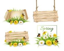4款春季花卉与蝴蝶装饰木牌图矢量图