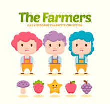 3款卡通农场游戏人物和4款水果图矢量