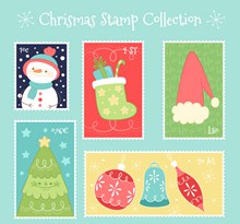 6款彩绘圣诞邮票矢量图下载