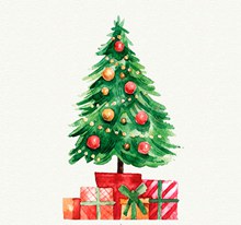 水彩绘圣诞树和礼物矢量图