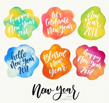 6款混色水彩墨迹新年快乐标签图矢量素材