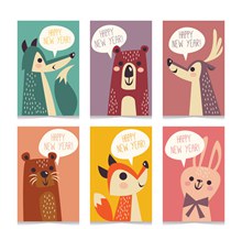 6款彩色动物新年快乐卡片矢量