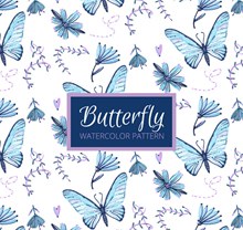 蓝色蝴蝶和花卉无缝背景图矢量下载