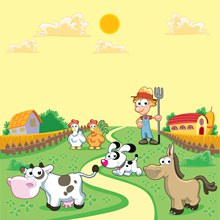 卡通农场农夫和小动物风景矢量图