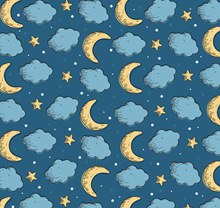 彩绘云朵和月亮无缝背景图矢量图下载