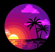 紫色大海和棕榈树风景矢量图