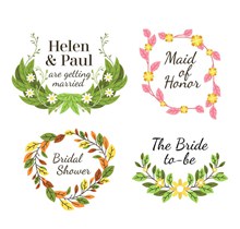 4款彩色树叶和花卉婚礼标签图矢量