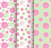 3款粉色玫瑰花无缝背景矢量素材