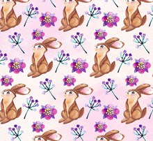 水彩绘兔子和花卉无缝背景设计图矢量素材