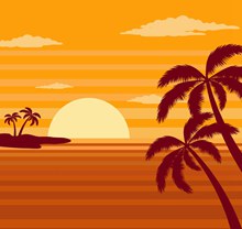 夕阳下的大海和棕榈树图矢量素材