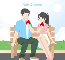 创意夏季长椅上吃西瓜的情侣图矢量下载