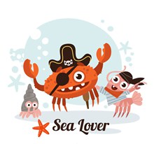 3个卡通海盗装扮海洋动物图矢量图下载