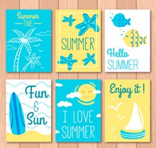 6款彩绘蓝色夏季卡片矢量素材