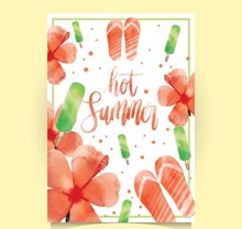 水彩绘夏季扶桑花和雪糕卡片图矢量下载