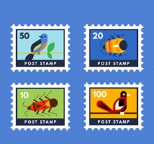 4款创意鸟和昆虫邮票矢量下载