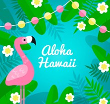 彩色夏威夷火烈鸟和花草图矢量