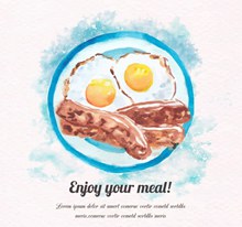 水彩绘美味煎蛋和香肠早餐图矢量图片