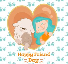 彩绘蓝发女孩和宠物狗友谊日矢量图片