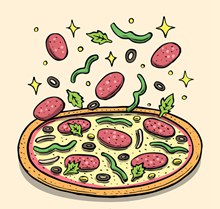 彩绘落在披萨上的原料矢量图下载