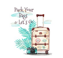 彩绘旅行箱和棕榈树叶矢量图片