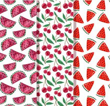 3款彩绘西瓜和樱桃无缝背景图矢量