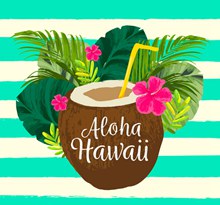 水彩绘夏威夷椰汁和棕榈树叶图矢量图片