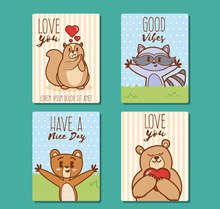 4款可爱动物爱心卡片矢量