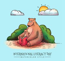 彩绘国际扫盲日读书的熊父子图矢量图片