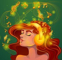 创意用金色耳机听音乐的女子矢量素材