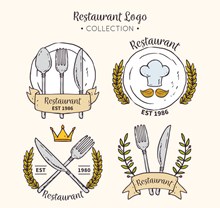 4款彩绘餐馆标志设计矢量素材