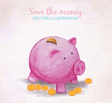 彩绘粉色猪存钱罐和金币矢量素材
