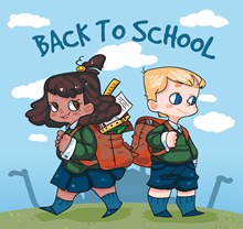 卡通返校背包男孩和女孩矢量素材
