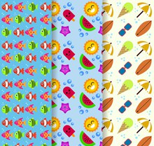 3款彩色夏季鱼食物和度假元素无缝背景图矢量下载