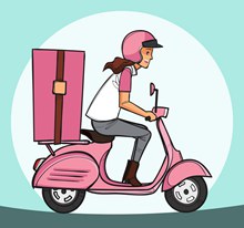 创意骑粉色电动车送货的女子图矢量图片