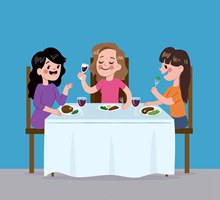 卡通聚餐的3个女子矢量图下载
