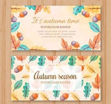 2款彩绘秋季橡子和树叶banner图矢量素材