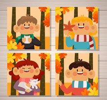 4款卡通秋季人物卡片矢量素材