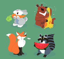 4款卡通吃食物的动物图矢量图片