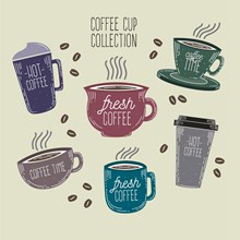 6款彩色英文咖啡杯插画矢量图