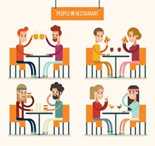 4组创意餐厅用餐的人物图矢量图