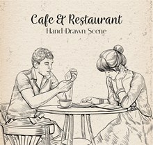 手绘咖啡店用餐的男女矢量图