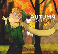 彩绘秋季树林散步的女子图矢量素材