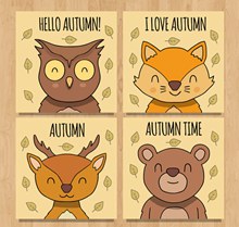 4款秋季微笑动物卡片矢量下载