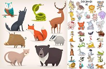 野猪与狐狸等卡通风格动物矢量图