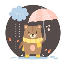 卡通秋季雨中打伞的熊矢量图下载