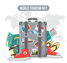 创意世界旅游日行李箱和必需品图矢量图