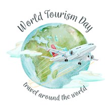 水彩绘世界旅游日地球和飞机图矢量图